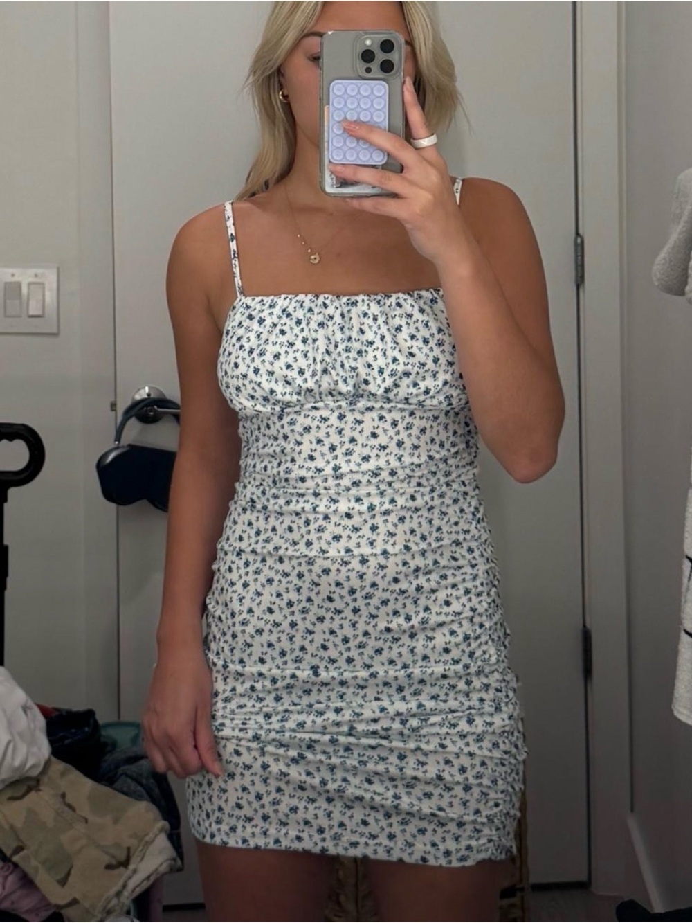 White and blue floral dress